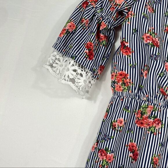 My Michelle Blue and White Striped Floral Romper - Picture 4 of 13